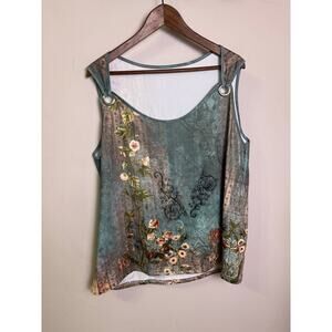 Boho Floral Ring Strap Tank Top 3XL Teal Green Vintage Botanical Cottagecore